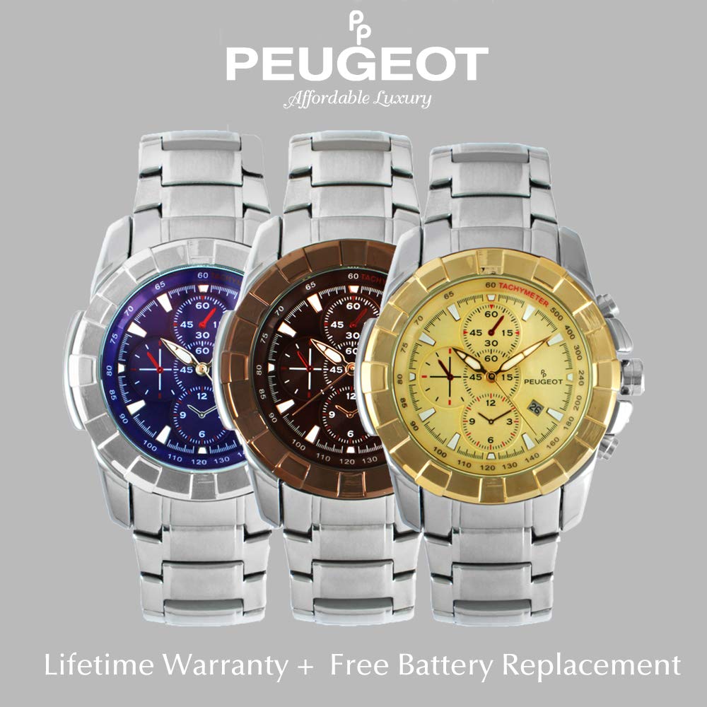 Peugeot Men's Multi-Function Sports Watch - Large Dial with Calendar wWindow and Metal Bracelet