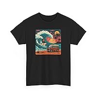 Retro Surfer Riding A Massive Wave Heavy Cotton Printed Tee, 100% Cotton Men T-Shirt