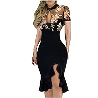 Bodycon Dress for Women Sexy Slit Ruffles Hem Cutout Floral Slim Lace Long Sleeve Dress Elegant Club Party Dress