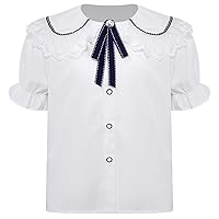 Girls Puff Short Sleeve Button Down Shirt Cute Baby Collar Bowtie Blouse Uniform Dress Shirt