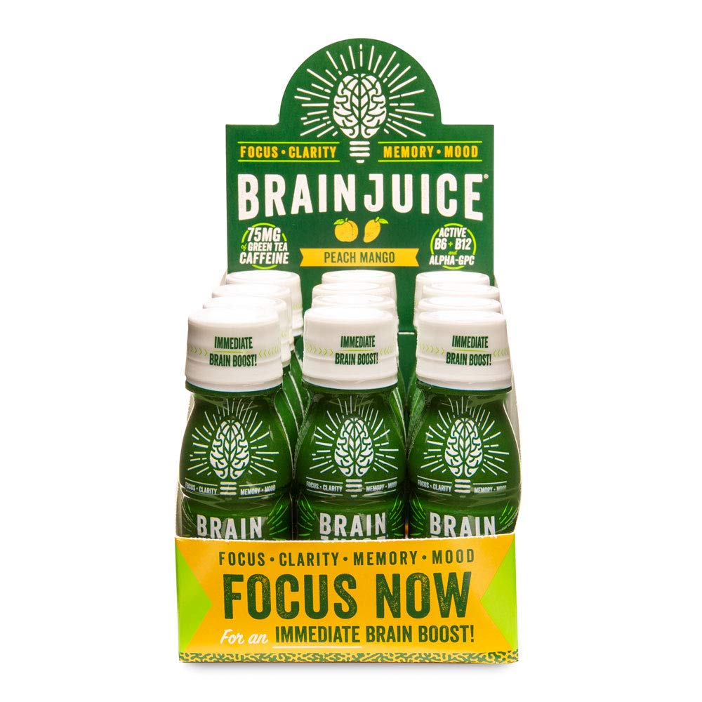 BrainJuice Brain Booster Shot, Original Peach Mango | Brain Support Supplement with Alpha GPC, B5, B6, B12 | Improved Energy, Memory, Focus, Clarity, & Mood | Gluten-Free, Non-GMO | 2.5 fl oz, 12 Pack