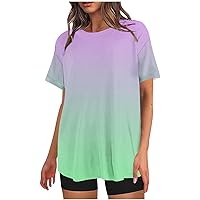 Tops for Women Summer Short Sleeve T Shirts Dressy Casual T-Shirts O Neck Casual Clothes Gradient Print Graphic Tees