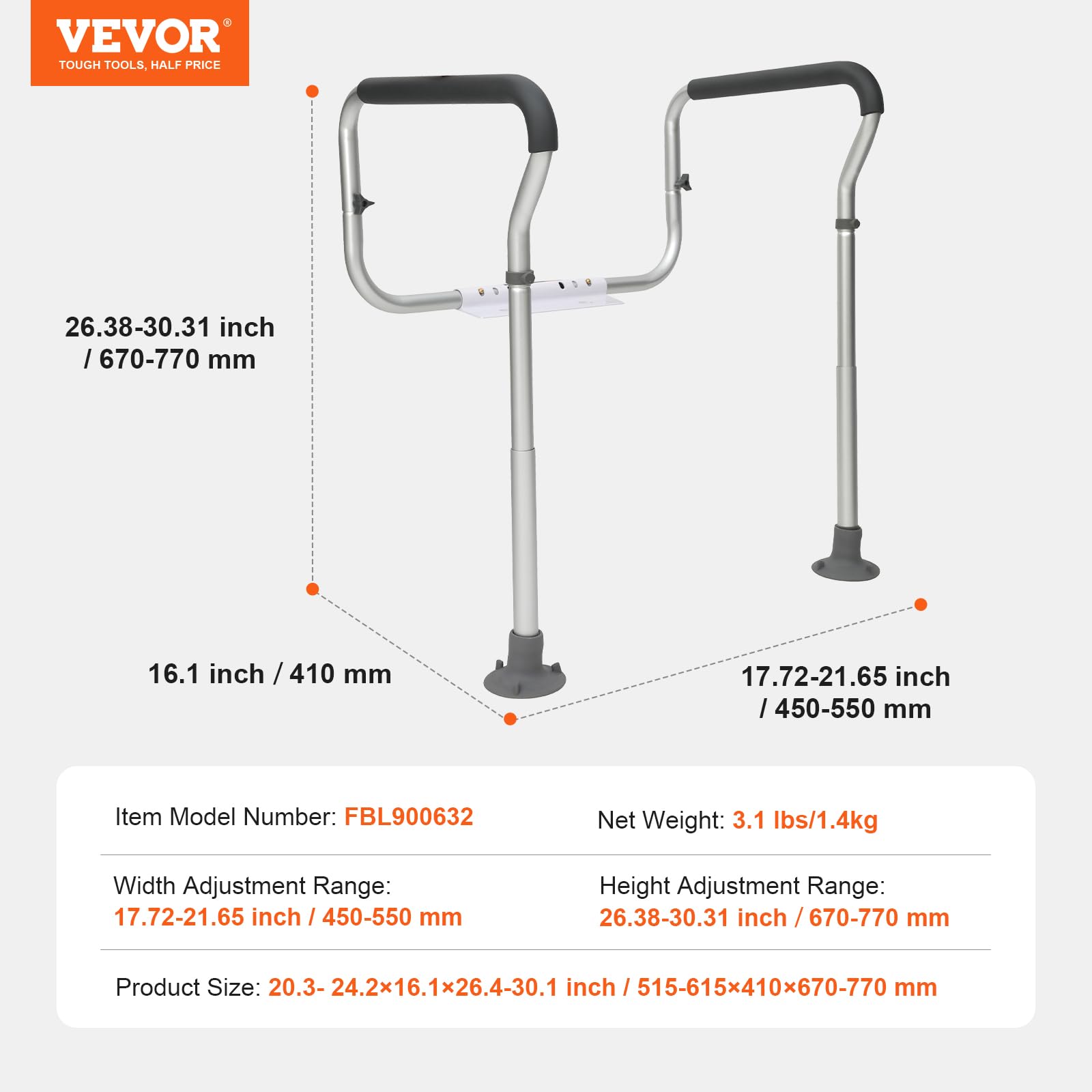 VEVOR Toilet Safety Rail, Bathroom Toilet Seat Safety Frame, Adjustable Width & Height Fit Most Toilets, 300lbs Capacity, Medical Toilet Handles with Padded Armrests for Handicap, Elderly, Disabled