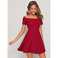 Women's Dress Scallop Trim Fit and Flare Bardot Dress Dress for Women (Color : Burgundy, Size : X-Small)
