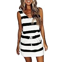 Summer Dresses for Women,Trendy Striped Sleeveless Halter Strap Beach Mini Sundresses Boho Flowy Dress with Pockets