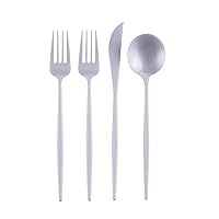 Silver Spoons OPULENCE COLLECTION DISPOSABLE FLATWARE SET | Heavy Duty Plastic Cutlery | 192 pc Set | 96 Forks, 48 Knives and 48 Spoons | for Upscale Wedding and Dining (Pearl)