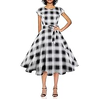 PUKAVT Women's 1950 Boatneck Cap Sleeve Vintage Swing Cocktail Party Dress with Pockets