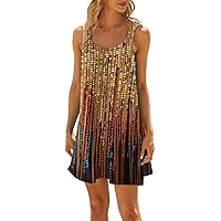 Women Sundresses Casual Beach Dress for Women 2024 Summer Print Fashion Sparkly Loose Fit with Sleeveless Round Neck Ruched Dresses Gold X-Large