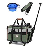 Lekereise Pet Carrier on Wheels with 1 Bowl Airline Approved Dog Carrier with Wheels Cat Carrier for Small Dogs or 2 Kitten, Green