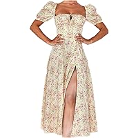 Women's Elegant Floral Print Puff Sleeve Ruched A-Line High Split Party Long Maxi Dress
