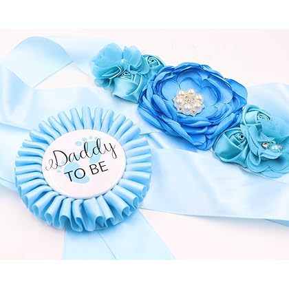 TTCOROCK Sky Blue Maternity Sash & Daddy to be Corsage Set - Baby Shower Sash Baby Boy Pregnancy Sash Keepsake Baby Shower Flower Belly Belt