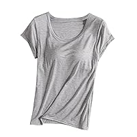 Tops with Built in Bra for Women, Casual Short Sleeve with Chest Pad Shirt Pajamas Without Steel Ring Bra Cups Camisole