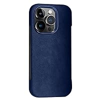 Genuine Leather Cover for iPhone 15 Pro Max/15 Pro/15 Plus/15 Magnetic Frameless Case with Screen Camera Protection Slim Case (Blue,15 Pro Max'')