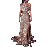 Women's Lace Long Formal Party Dress One-Shoulder Bronzing Womens Side Cutout Padded Shoulder Evening Party Dress