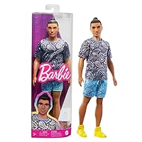 Barbie Fashionistas Ken Fashion Doll with Brown Hair in Man Bun, Paisley Tee, Shorts & Accessories