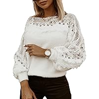 Celmia Womens Off Shoulder Sweater Causal Hollow Out Crochet Lace Long Sleeve Oversized Pullover Knit Jumper