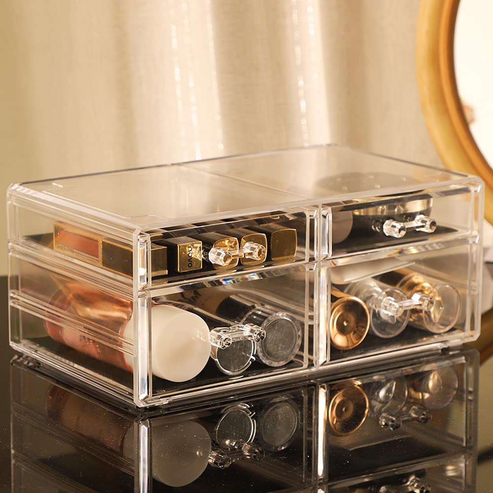 Cq acrylic Makeup Organizer and Storage Stackable Skin Care Cosmetic Display Case Make up Stands For Jewelry Hair Accessories Beauty Skincare Product Organizing Clear 4 Drawers