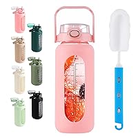 64oz Glass Water Bottle with Straw Lid Half Gallon Motivational Bottle with Handle and Silicone Sleeve and Time Marker Large Reusable Sports Water Jug for Gym Home Workout