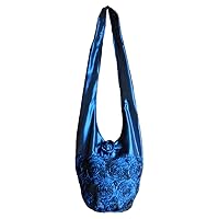 BTP! Silk Sling Crossbody Shoulder Bag Purse Blue Rosette Flower SP1