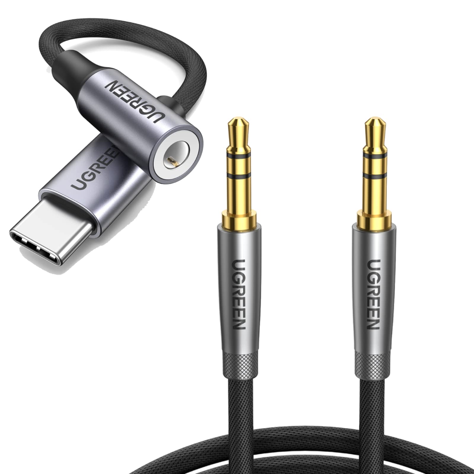 UGREEN USB C to 3.5mm Audio Adapter Type C to Headphone Bundle with 3.5mm Audio Cable Nylon Braided Male to Male