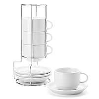 Sweese 8 Ounce Porcelain Stackable Cappuccino Cups with Saucers and Metal Stand - for Specialty Coffee Drinks, Cappuccino, Latte, Americano and Tea - Set of 4, White
