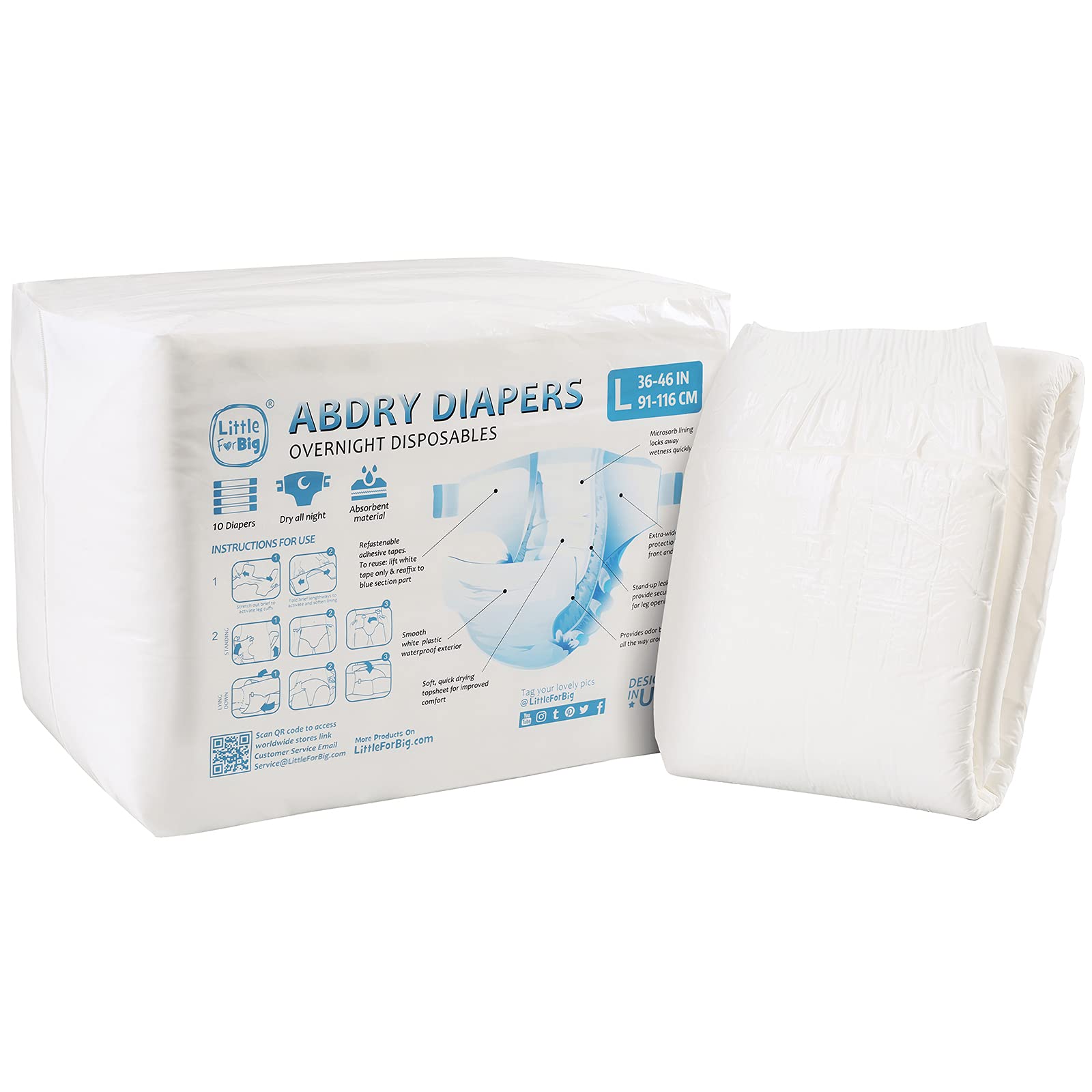 Littleforbig Adult Diaper 10 Pieces - ABDry New White Diapers (Large 36"-46")