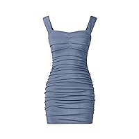 OYOANGLE Girl's Rib Knitted Sleeveless Ruched Strap Bodycon Pencil Mini Tank Dress Summer Casual Dresses Dusty Blue 9 Years