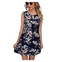 TINMIIR Summer dresses for Women 2022 Floral Print Keyhole Neck Sleeveless Scallop Trim Short Dress (Color : Multicolor, Size : X-Small)
