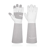 HANDLANDY Long Gardening Gloves for Men & Women, Thorn Proof Rose Pruning Gloves Leather Gauntlets Garden Gloves Yard Work Gloves (Large, Grey)