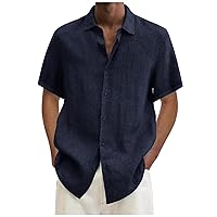 Mens Short Sleeve Button Down Shirts, Casual Summer Loose Fit Tops Solid Vacation Shirt Relaxed Linen Shirts Top