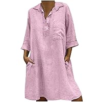 Womens Casual 1/4 Button Down Cotton Linen Midi Dress Summer 3/4 Sleeve Lapel Loose Plus Size Shirt Dresses with Pockets