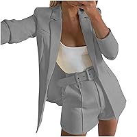 2 Piece Outfits Suits Set Long Sleeve Lapel Collar Pocket Blazer and Straight Shorts Business Suit Sets with Belt