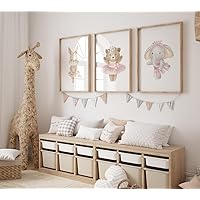 DOLUDO Set of 3 Prints Ballerina Animals Wall Art Elephant Bunny Bear Poster Painting Pictures for Girl's Room Nursery Decor Ready To Hang