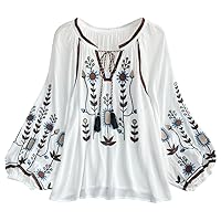 IMEKIS Mexican Embroidered Shirt for Women Causal Lantern Sleeve Round Neck Ethnic Style Floral Fringe Blouse Top