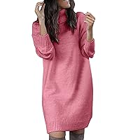 Summer Sweater, Women's Fluffy Long Sleeve Fall Dress Pullover Knit Sweater Dress Rib Knee Length Dress