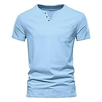 Men Summer T-Shirt Short Sleeve V-Neck Henley Shirt Button Placket Plain Tees Athletic Sports Tops,with Chest Pocket