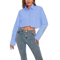 Pinstripe Button Down Shirts for Women Cropped Long Sleeve Summer Casual Blouse Work Top