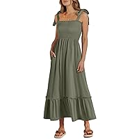 ANRABESS Women's 2024 Summer Casual Spaghetti Strap Square Neck Smocked Flowy A Line Beach Long Maxi Sun Dress