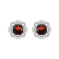 925 Sterling Silver 5mm Round Garnet Flower Halo Stud Earrings For Women With Push Back