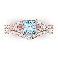 Clara Pucci 2.01ct Princess cut Custom Engraving Natural Sky Blue Topaz Engagement Ring Band Wedding Bridal Set Curved 14k Rose Gold 10