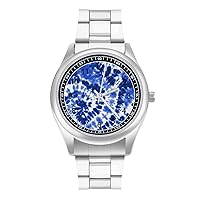 Blue Tie Dye Fashion Wrist Watch Arabic Numerals Stainless Steel Quartz Watch Easy to Read