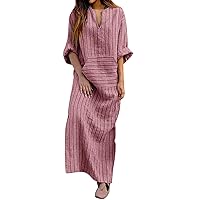 Women's Summer Dress Ladies Women's New Summer Cotton and Linen Yarn Dyed Striped Loose Long Dress(Red,5X-Large)