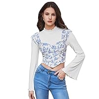 Women's Tops Sexy Tops for Women Shirts Floral Print Hanky Hem Wide Strap Top Shirts for Women (Color : Blue and White, Size : Medium)