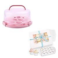 Ohuhu Cake Carrier with Lid 2 Handles+Cupcake Containers, Upgraded Thicken 6 Pack 12 Count Cupcake Boxes