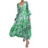 Women's Summer Loose Kimono Maxi Dress Deep V Neck Lantern Sleeve Boho Floral Ruffle Tiered Beach Flowy Long Dresses