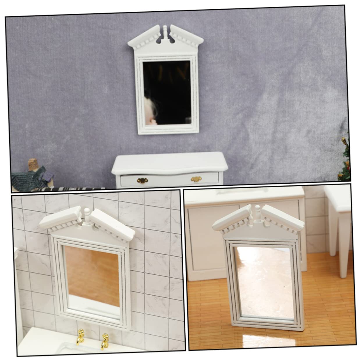 1pc White Mirror Model Mini Dollhouse White Furniture Bathroom Miniature Vanity Mirror Cosmetic Mirror Mini House Decor Home Decor Household Products Wooden Micro Scene Doll House