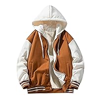 Men's Quilted Hooded Puffer Jacket Casual Color Block Full Zip Hoodie Insulated Coats Oversized Men Winter Coats