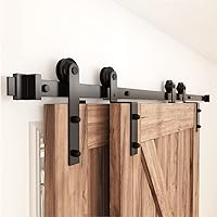 ZEKOO 7 FT Bypass Sliding Barn Door Hardware Kit, Single Track, Double Wooden Doors Use, Flat Track Roller, One-Piece Rail Low Ceiling (7FT Single Track Bypass)