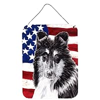 Caroline's Treasures SC9630DS1216 Black and White Collie with American Flag USA Wall or Door Hanging Prints Aluminum Metal Sign Kitchen Wall Bar Bathroom Plaque Home Decor Front Door Plaque, 12x16, Mu