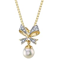 PEORA Freshwater Cultured White Pearl Pendant in 14K Yellow Gold, Round Shape, 5mm Pretty Bow-Tie Dangle Design